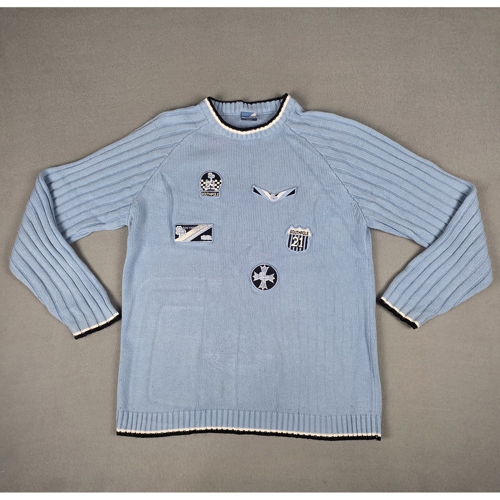 Vintage South Pole Sweater Men's Large‎ Light Blue Y2K Crew Neck Embroidered